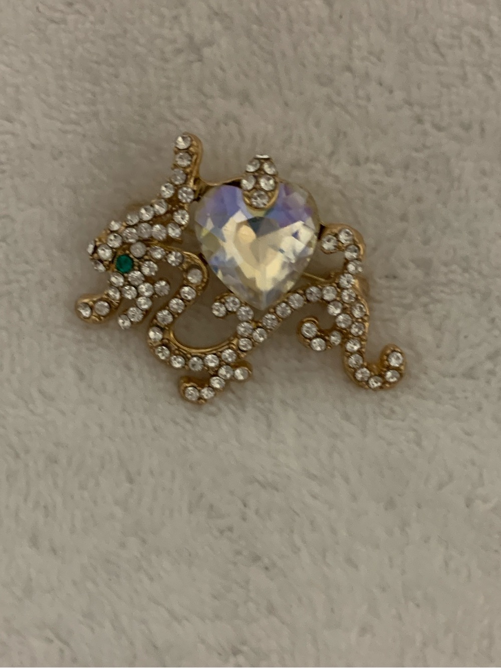 Gold-Tone Dragon Brooch with Iridescent Heart and Clear Crystals